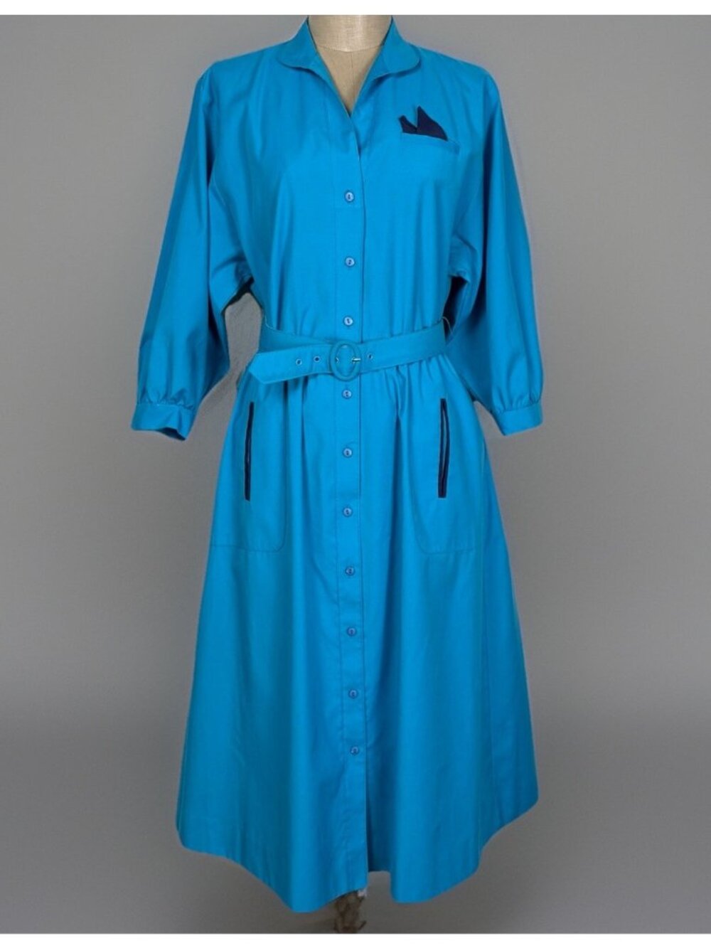 Willi of California Belted Shirt Dress Size 4 Teal Blue Secretary Vintage